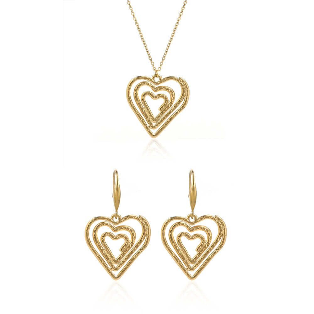 Hammered Spiral Heart Jewelry Set in 18K Gold Plated Steel