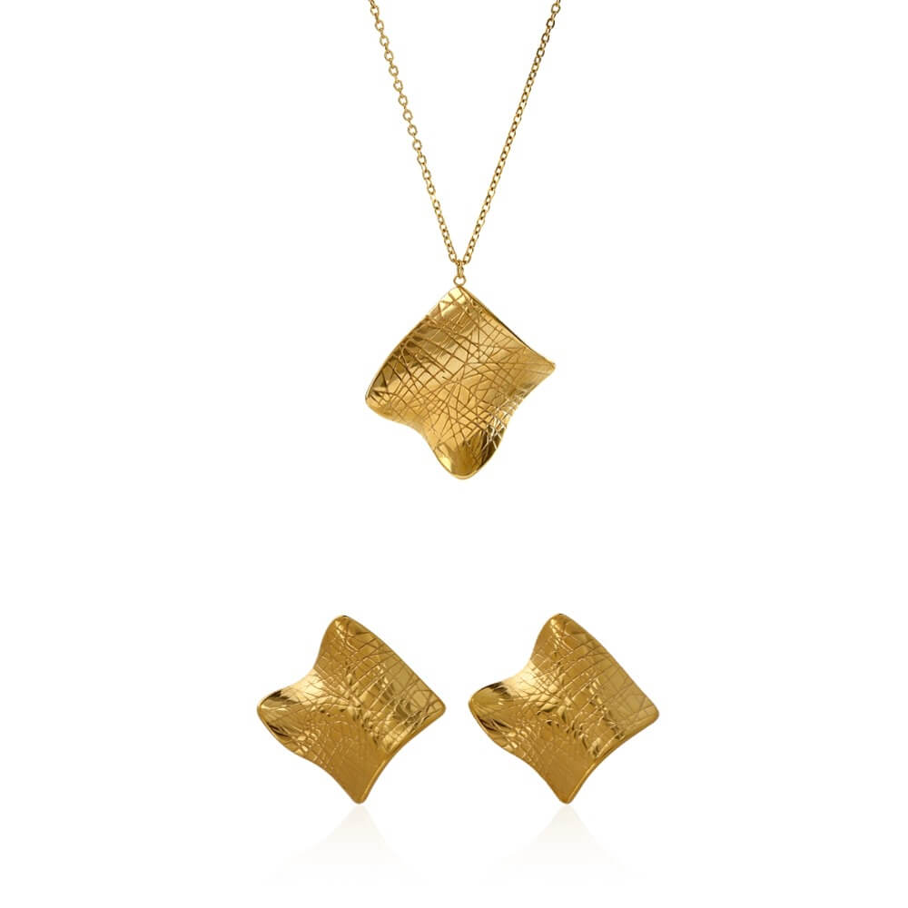 Hammered Gold Plated Jewelry Set in Irregular Square Design
