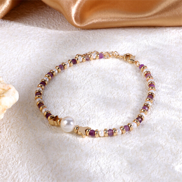 Elegant Imitation Gold Bracelet with Pearls & Natural Stones