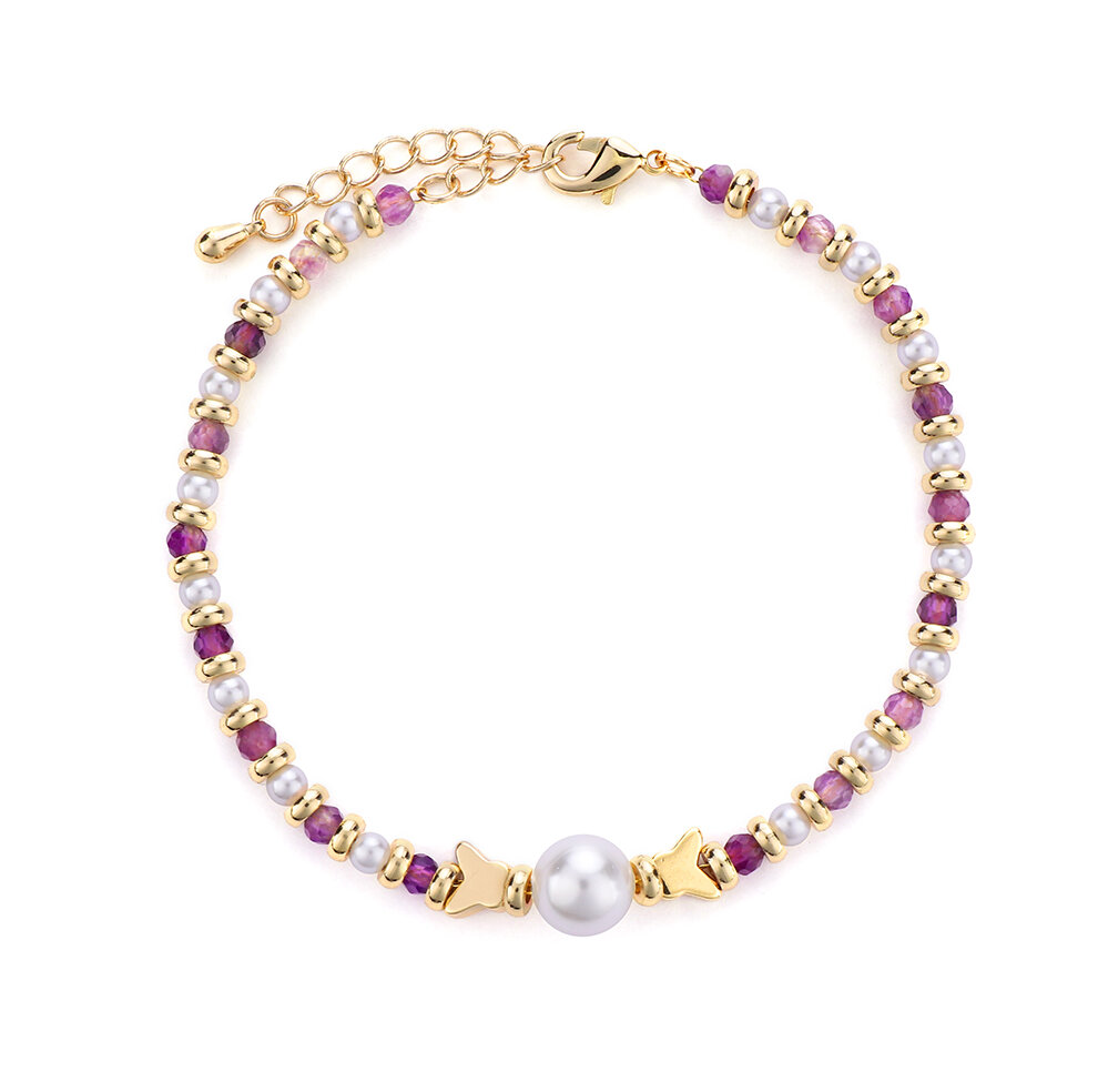 Elegant Imitation Gold Bracelet with Pearls & Natural Stones