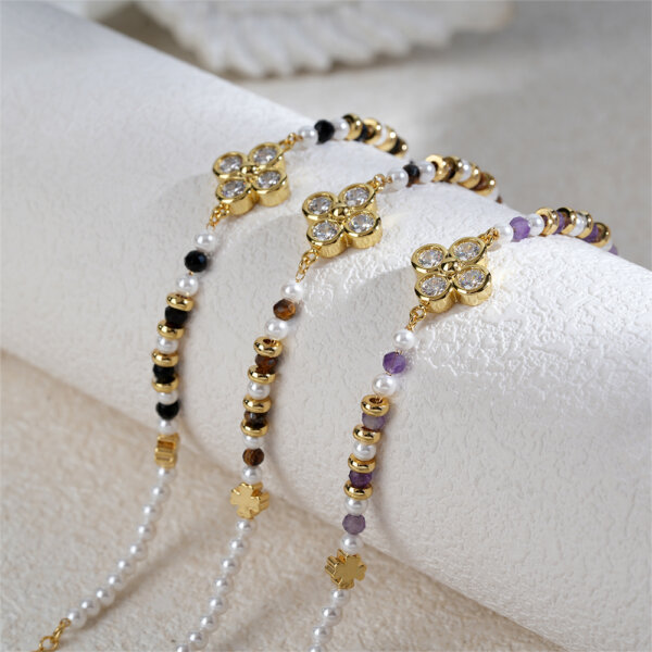 Cubic Zirconia Four Leaf Clover Bracelet with Natural Stone
