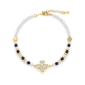 Cubic Zirconia Four Leaf Clover Bracelet with Natural Stone