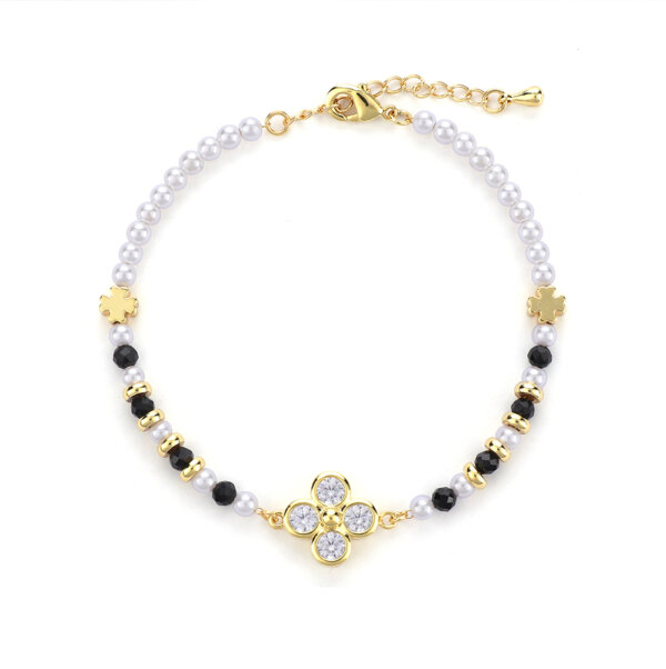 Cubic Zirconia Four Leaf Clover Bracelet with Natural Stone