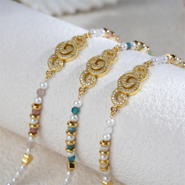 Auspicious Clouds Natural Stone Bracelet with 18K Gold Plated Copper