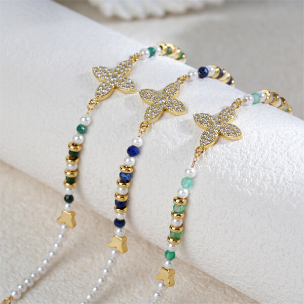 Justop Fashion Jewelry | Luxury 18K Gold Plated Copper Bracelet with Natural Stones & Pearls
