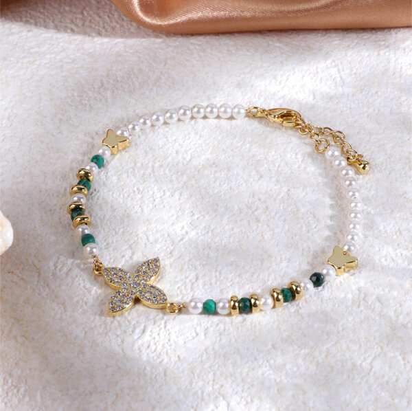 Luxury 18K Gold Plated Copper Bracelet with Natural Stones & Pearls