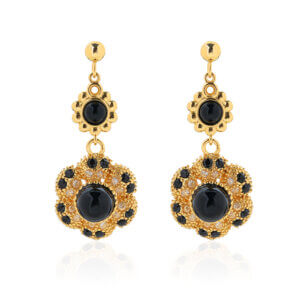 Vintage Luxury Floral Dangle Earrings with Black Onyx and CZ Stones