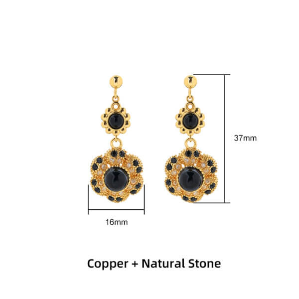 Vintage Luxury Floral Dangle Earrings with Black Onyx and CZ Stones