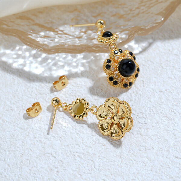 Vintage Luxury Floral Dangle Earrings with Black Onyx and CZ Stones
