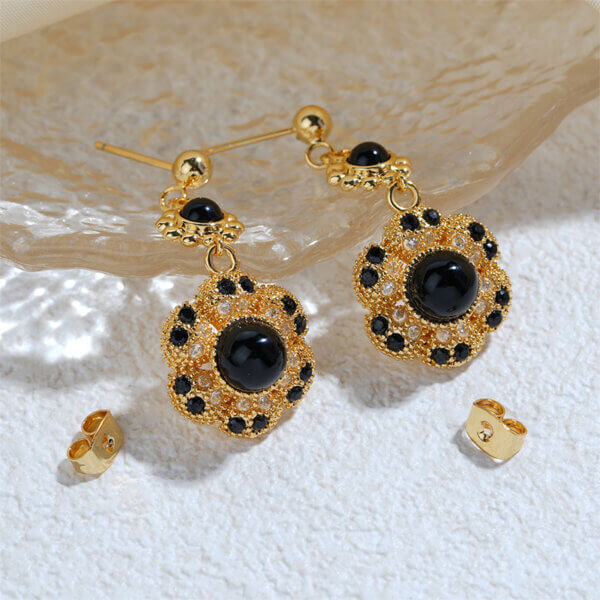 Vintage Luxury Floral Dangle Earrings with Black Onyx and CZ Stones