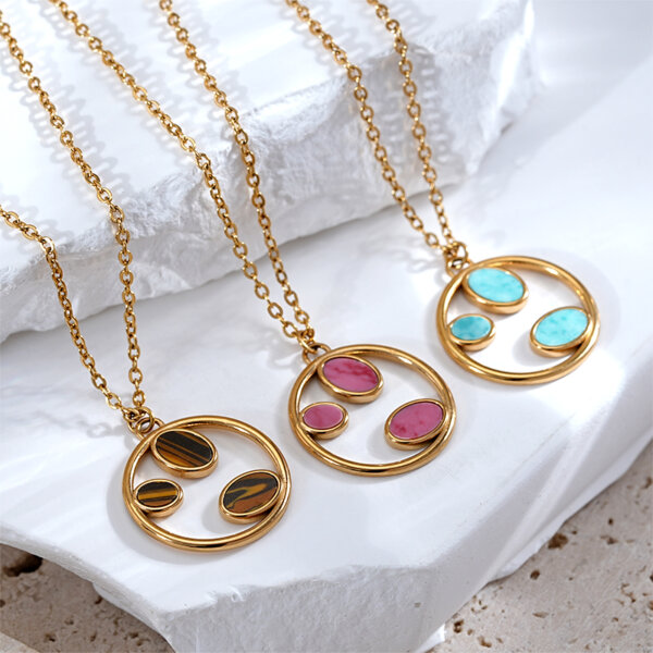Natural Stone Three Leaf Pendant Meaningful Gold Necklace