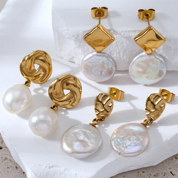 18K Gold Plated Stainless Steel Earrings with Baroque & Freshwater Pearls