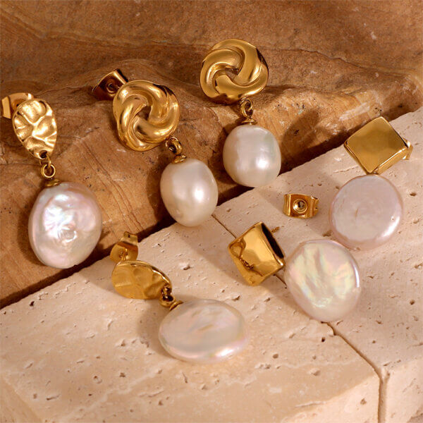 18K Gold Plated Stainless Steel Earrings with Baroque & Freshwater Pearls