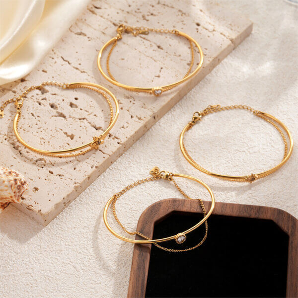 Gold Plated Double Layer Bracelet with CZ Stone Charms