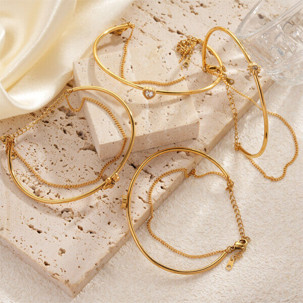 Gold Plated Double Layer Bracelet with CZ Stone Charms