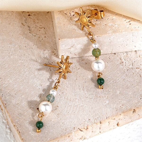 Handmade Gold Plated Dangle Earrings with Pearls & Natural Stones
