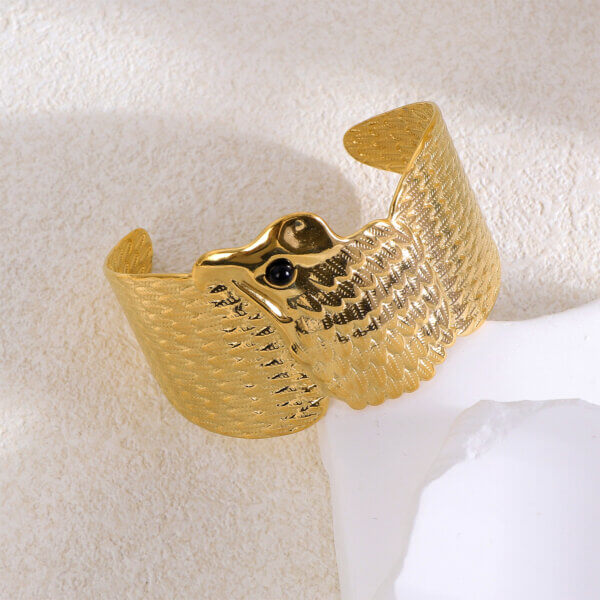 Bold Eagle Cuff Bracelet with Black Onyx in Gold Plated Stainless Steel