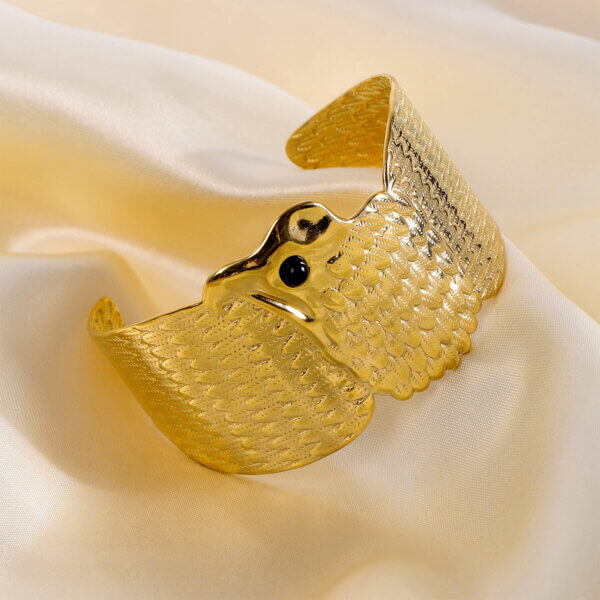 Bold Eagle Cuff Bracelet with Black Onyx in Gold Plated Stainless Steel