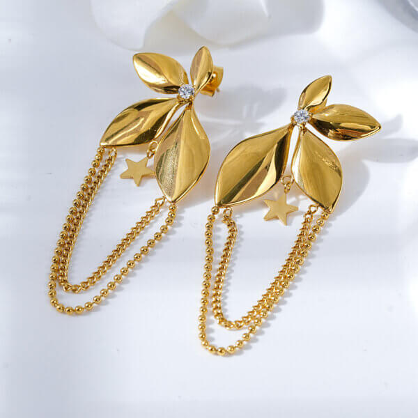 18K Gold Plated Stainless Steel Leaf Layered Chain Earrings with Star Charm
