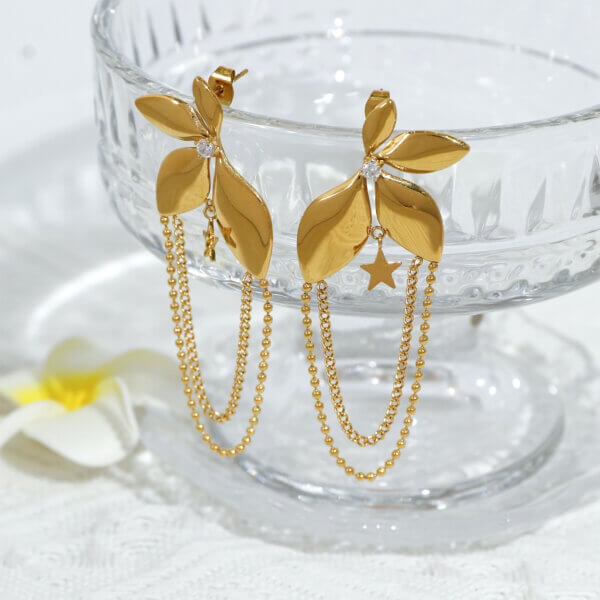 18K Gold Plated Stainless Steel Leaf Layered Chain Earrings with Star Charm