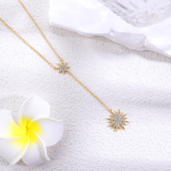 Dainty 18K Gold Plated Double Star Y Necklace with CZ Accents