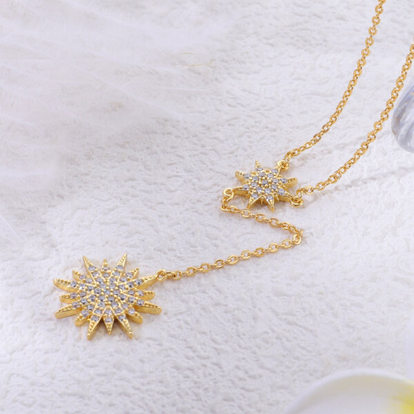 Dainty 18K Gold Plated Double Star Y Necklace with CZ Accents