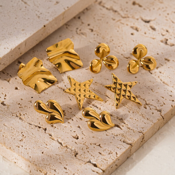 18k Gold Plated Stainless Steel Sculptural Stud Earrings Set