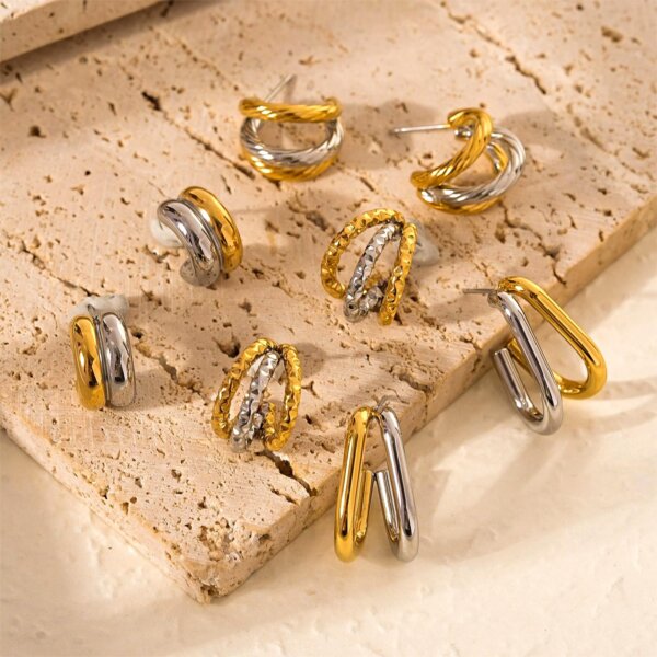 Contemporary Two Tone Gold and Silver Hoop Earrings in Stainless Steel