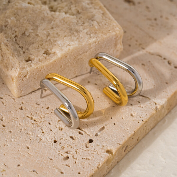 Contemporary Two Tone Gold and Silver Hoop Earrings in Stainless Steel