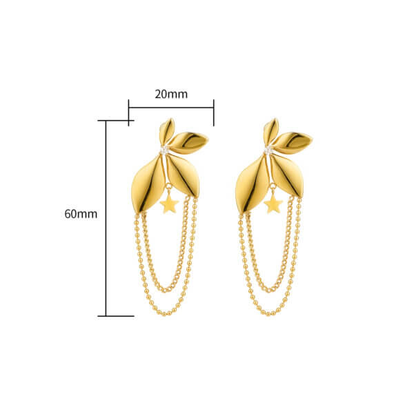 18K Gold Plated Stainless Steel Leaf Layered Chain Earrings with Star Charm