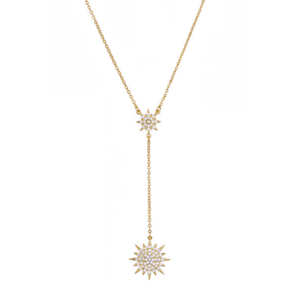 Dainty 18K Gold Plated Double Star Y Necklace with CZ Accents