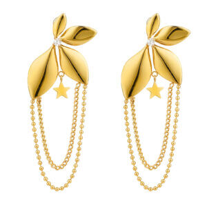 18K Gold Plated Stainless Steel Leaf Layered Chain Earrings with Star Charm