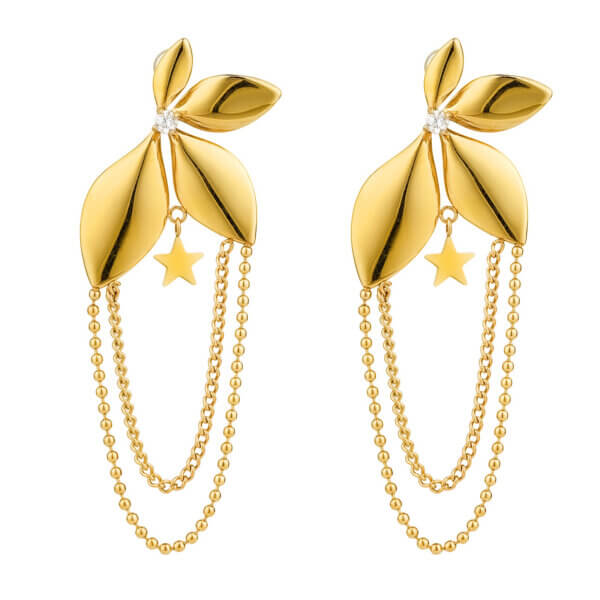 18K Gold Plated Stainless Steel Leaf Layered Chain Earrings with Star Charm