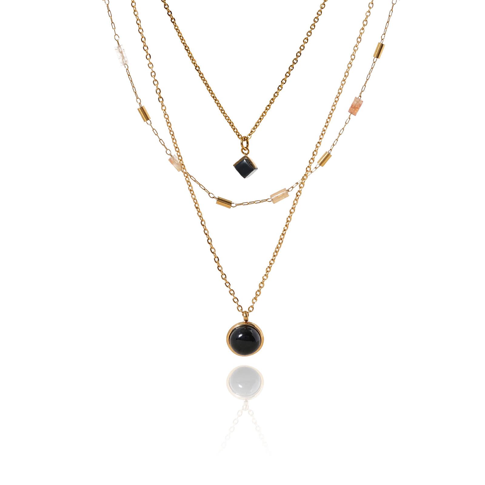 Stylish Gold Triple Layer Necklace with Natural Stone Accents 
