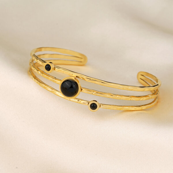 Elegant Gold Plated Stainless Steel Layered Cuff Bracelet with Black Onyx