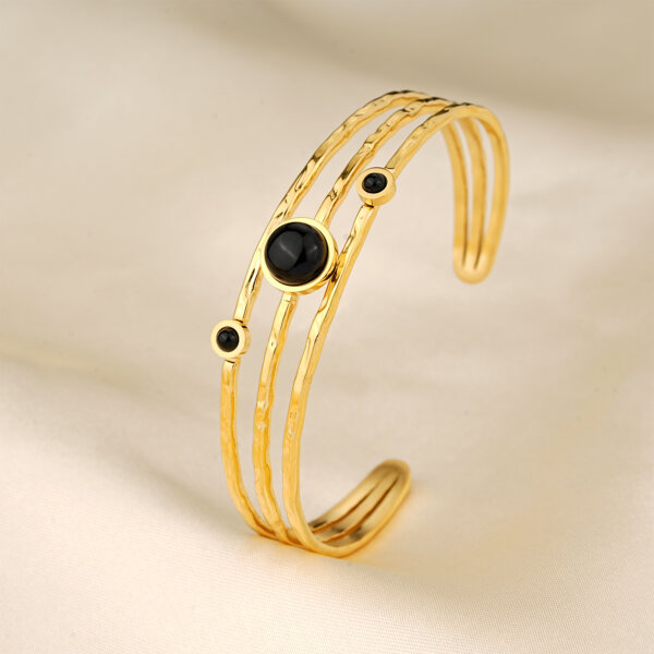 Elegant Gold Plated Stainless Steel Layered Cuff Bracelet with Black Onyx