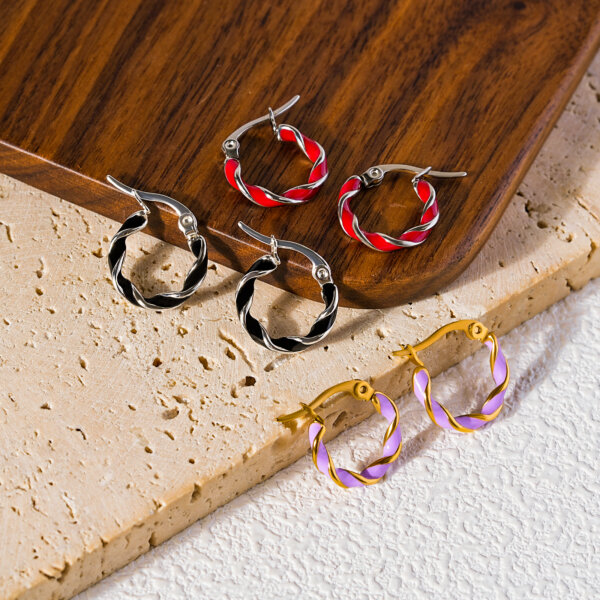 Stainless Steel Twisted Hoop Earrings with Colorful Enamel Design