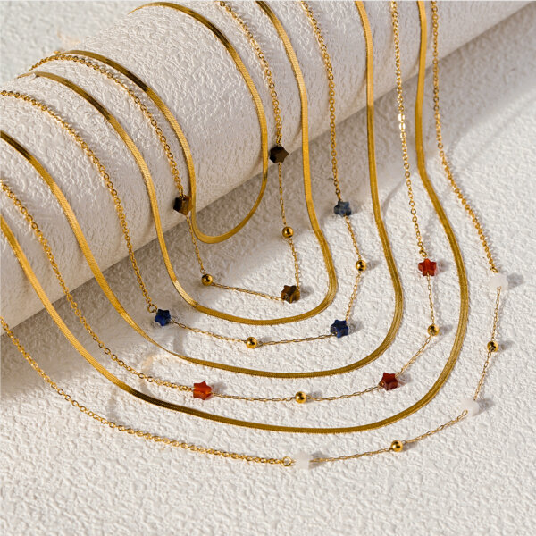 Dainty Gold Layered Necklace Featuring Natural Stone Star Charms