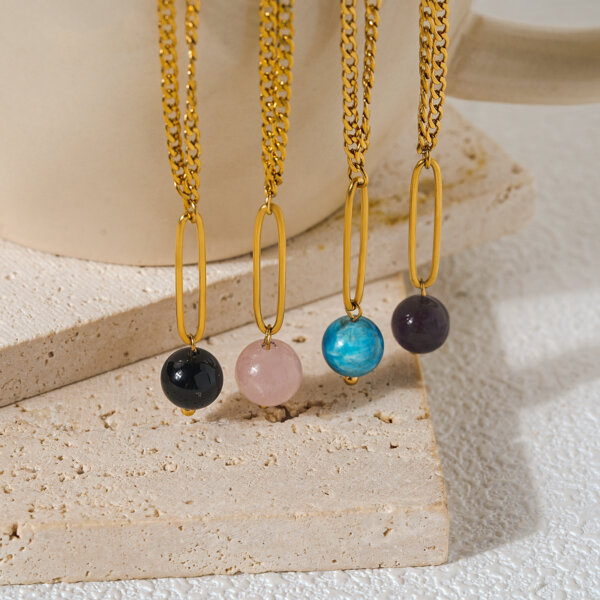 Minimalist 18k Gold Plated Chain Necklace With Natural Stone Bead Pendant