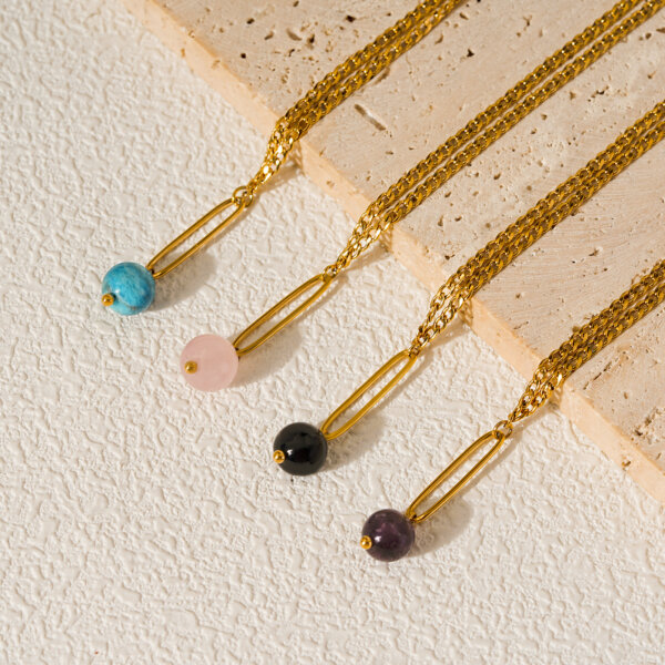 Minimalist 18k Gold Plated Chain Necklace With Natural Stone Bead Pendant
