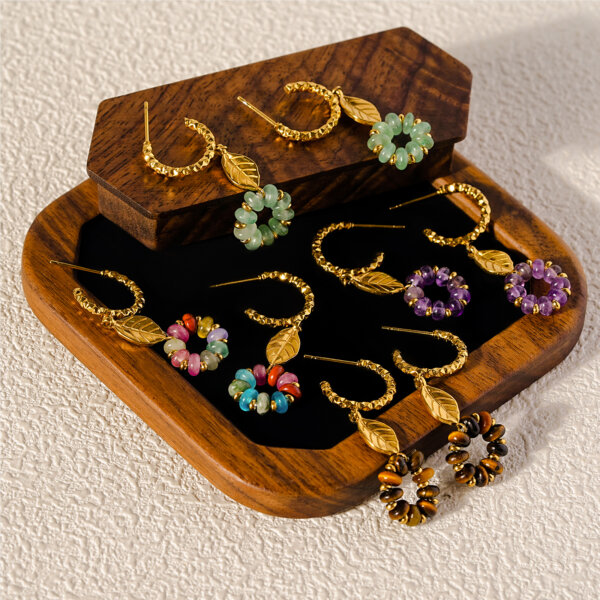 Bohemian Style Earrings with Colorful Natural Stone Floral Hoop Design