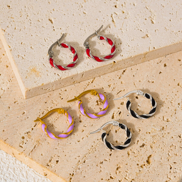 Stainless Steel Twisted Hoop Earrings with Colorful Enamel Design