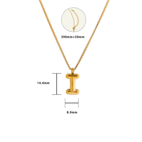 Gold Plated Stainless Steel Bubble Initial Pendant Necklace with Box Chain