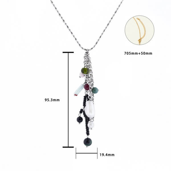 Stainless Steel Long Necklace with Natural Stones and Pearls