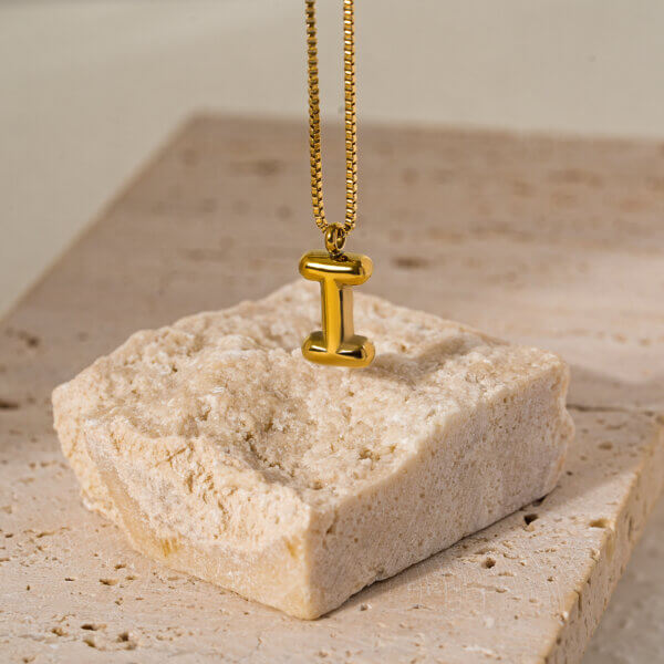 Gold Plated Stainless Steel Bubble Initial Pendant Necklace with Box Chain