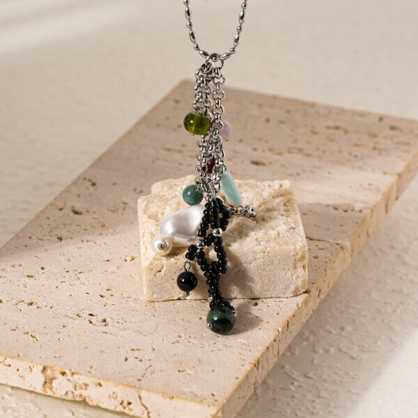 Stainless Steel Long Necklace with Natural Stones and Pearls