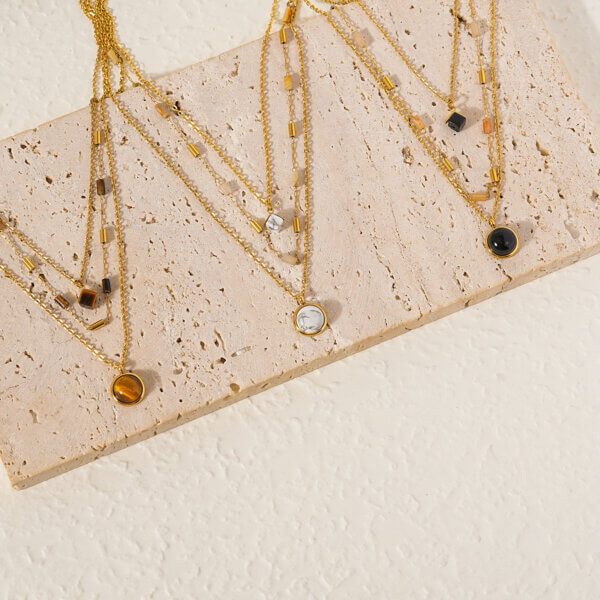 Stylish Triple Layer Necklace with Natural Stone Accents
