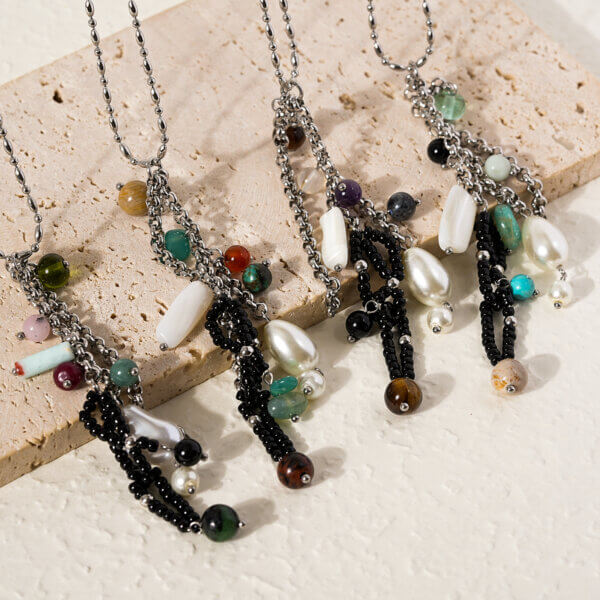 Stainless Steel Long Necklace with Natural Stones and Pearls