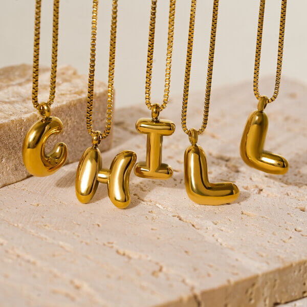 Gold Plated Stainless Steel Bubble Initial Pendant Necklace with Box Chain