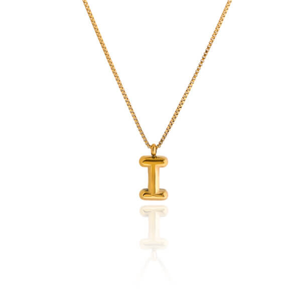 Gold Plated Stainless Steel Bubble Initial Pendant Necklace with Box Chain